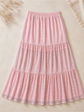 Melrose Chic Blush Pink Lace Tiered Maxi Skirt | Cottagecore Boho